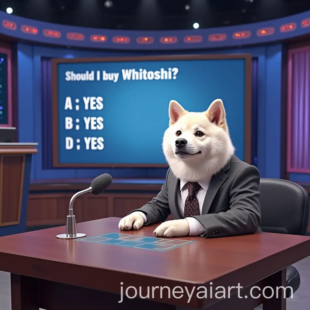 Smartly-Dressed-White-Shiba-Inu-Hosts-Game-Show-Should-I-Buy-Whitoshi