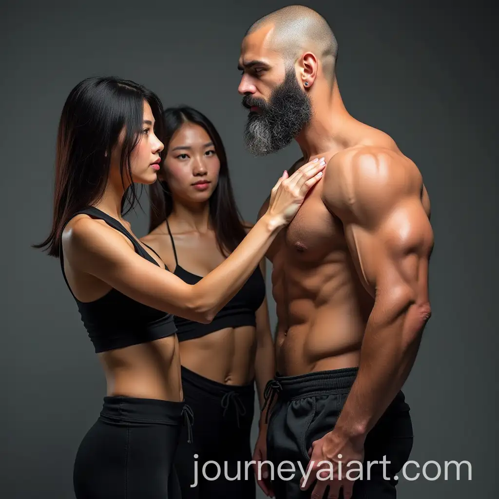 Asian-Girls-and-Ripped-Spanish-Bodybuilder-in-Photo-Studio