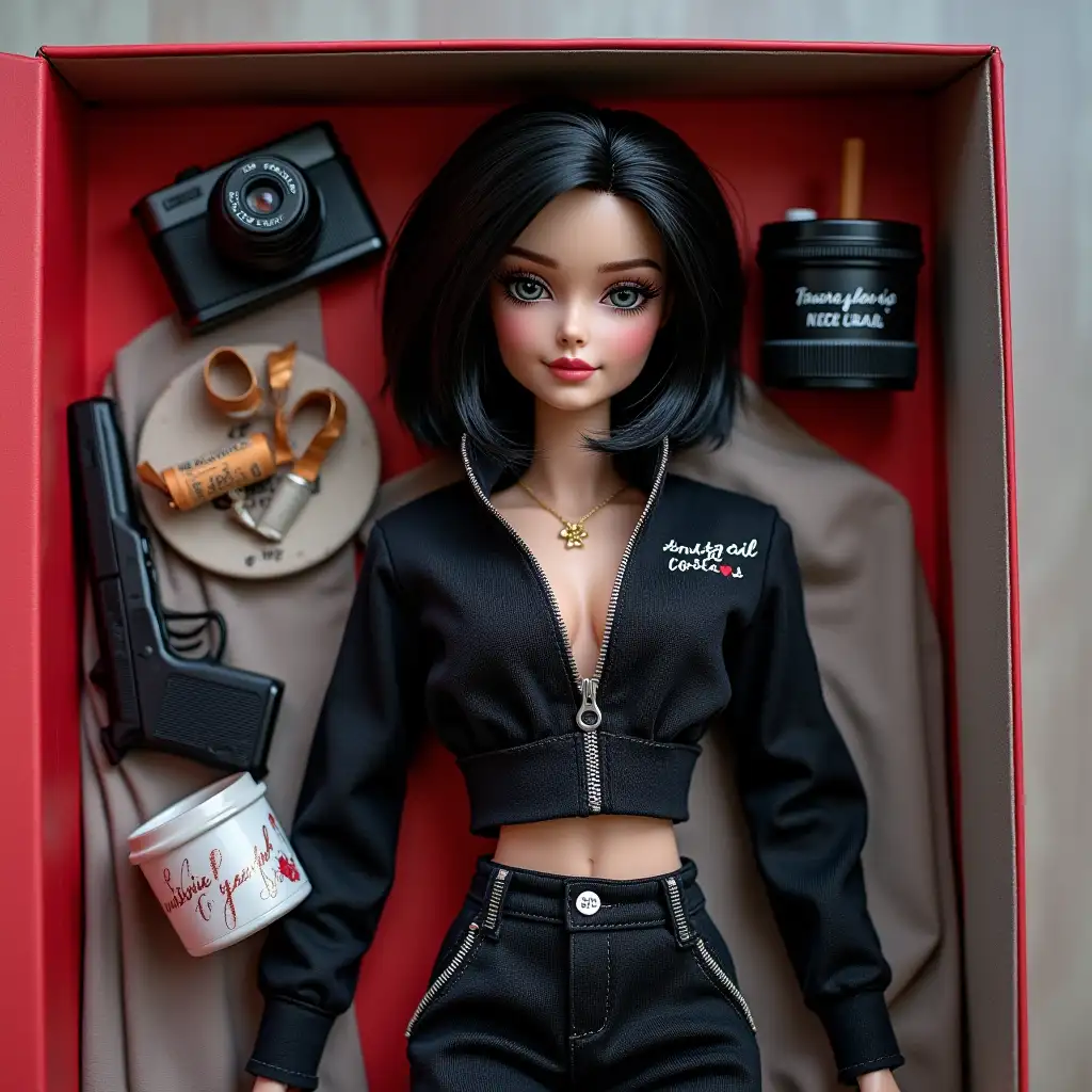 Exclusive doll with black short hair in a black sports suit, box inscription Anastasia-Angel of your death, accessories- cigarettes camera, phone, laptop, coffee cup, pistol