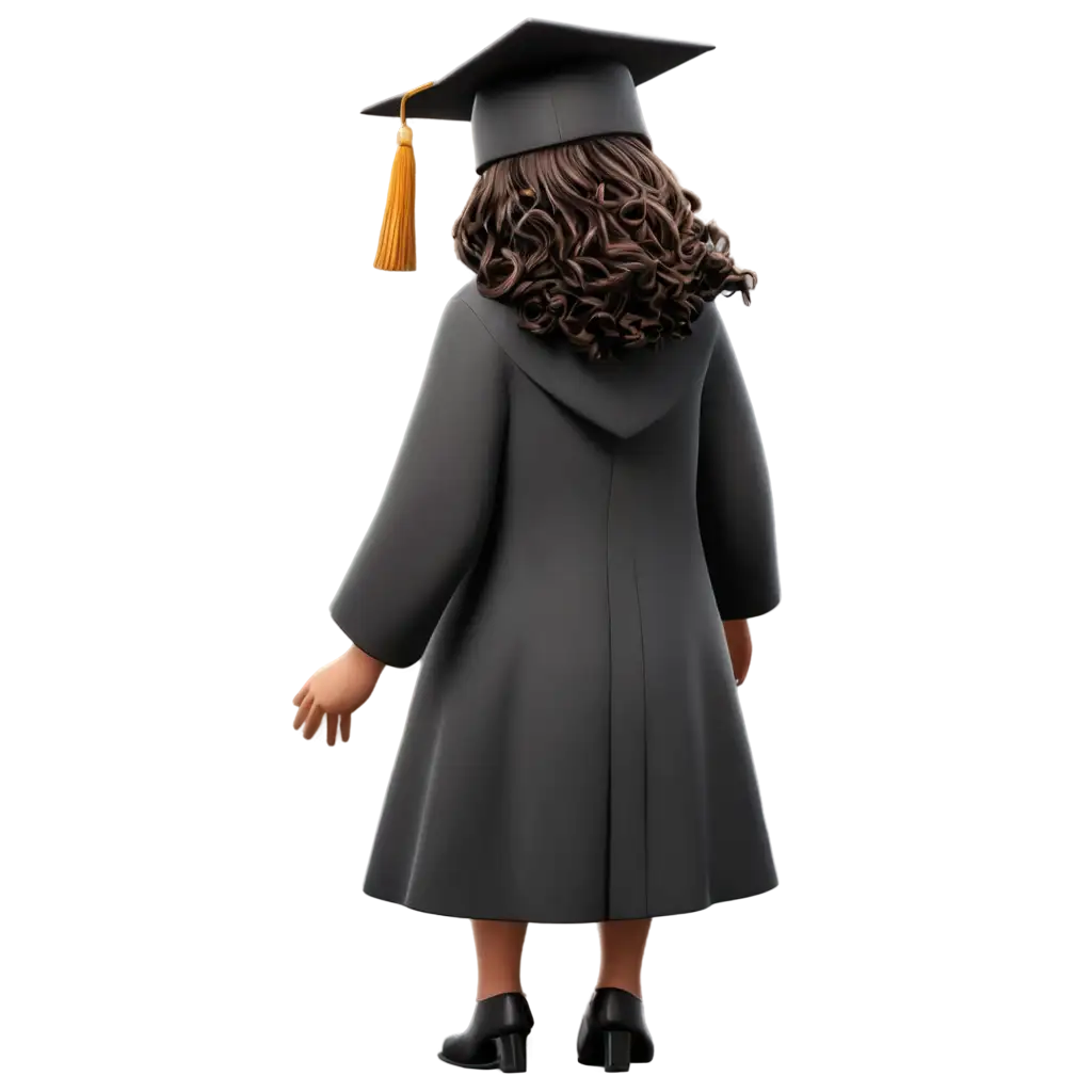 3D-CartoonStyle-Female-Graduate-PNG-Image-with-muslim girl graduate white gown and black ribbon from back side