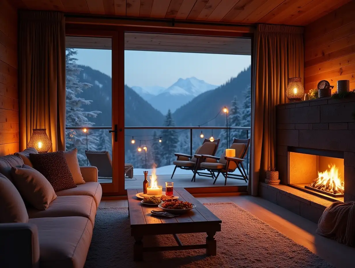 Cozy-Evening-in-a-Living-Room-with-Food-and-Ski-Mountains-View