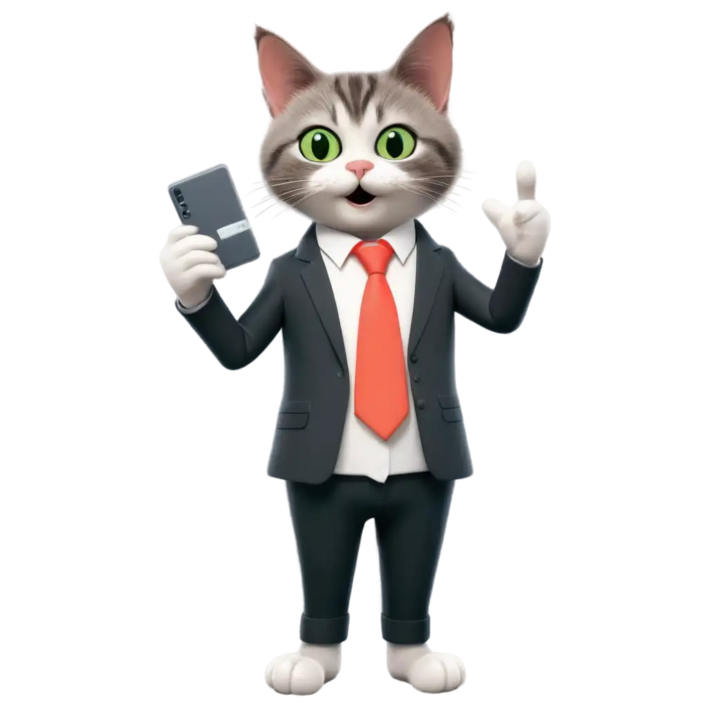 Create a realistic anthropomorphic cat acting as a YouTube host. The cat should be light gray with dark stripes, wearing a professional blazer. It has green eyes and is standing upright. The cat is confidently pointing with one paw at a floating coupon code displayed clearly in bold next to it. The background should be a minimalistic, clean studio with soft lighting, focusing on the cat and the coupon code