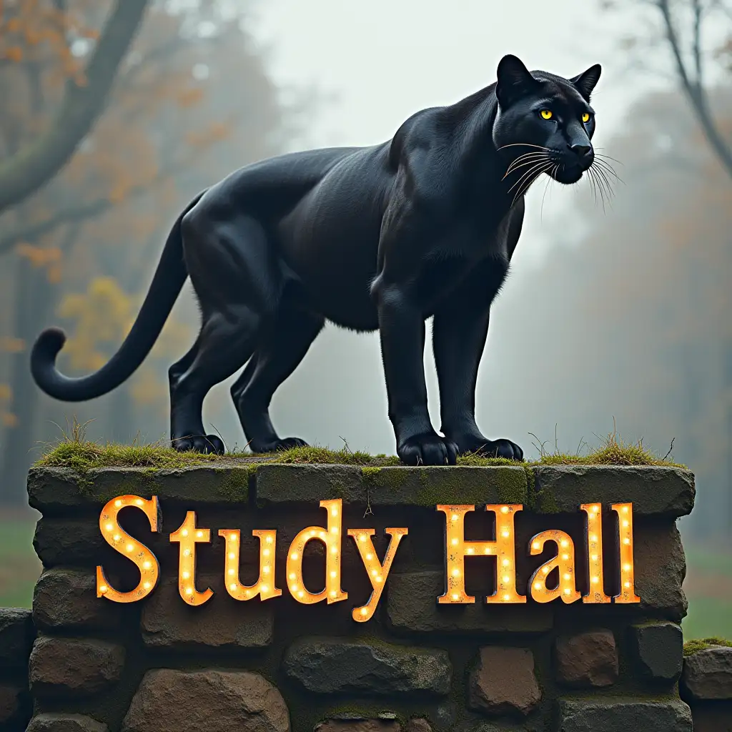 Generate a highly realistic photograph of a panther standing majestically on top of the words ‘Study Hall’