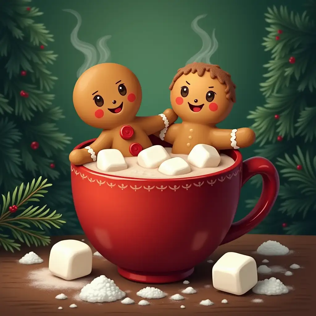 Cozy-Christmas-Scene-with-Gingerbread-Couple-and-Hot-Chocolate-in-a-Mug