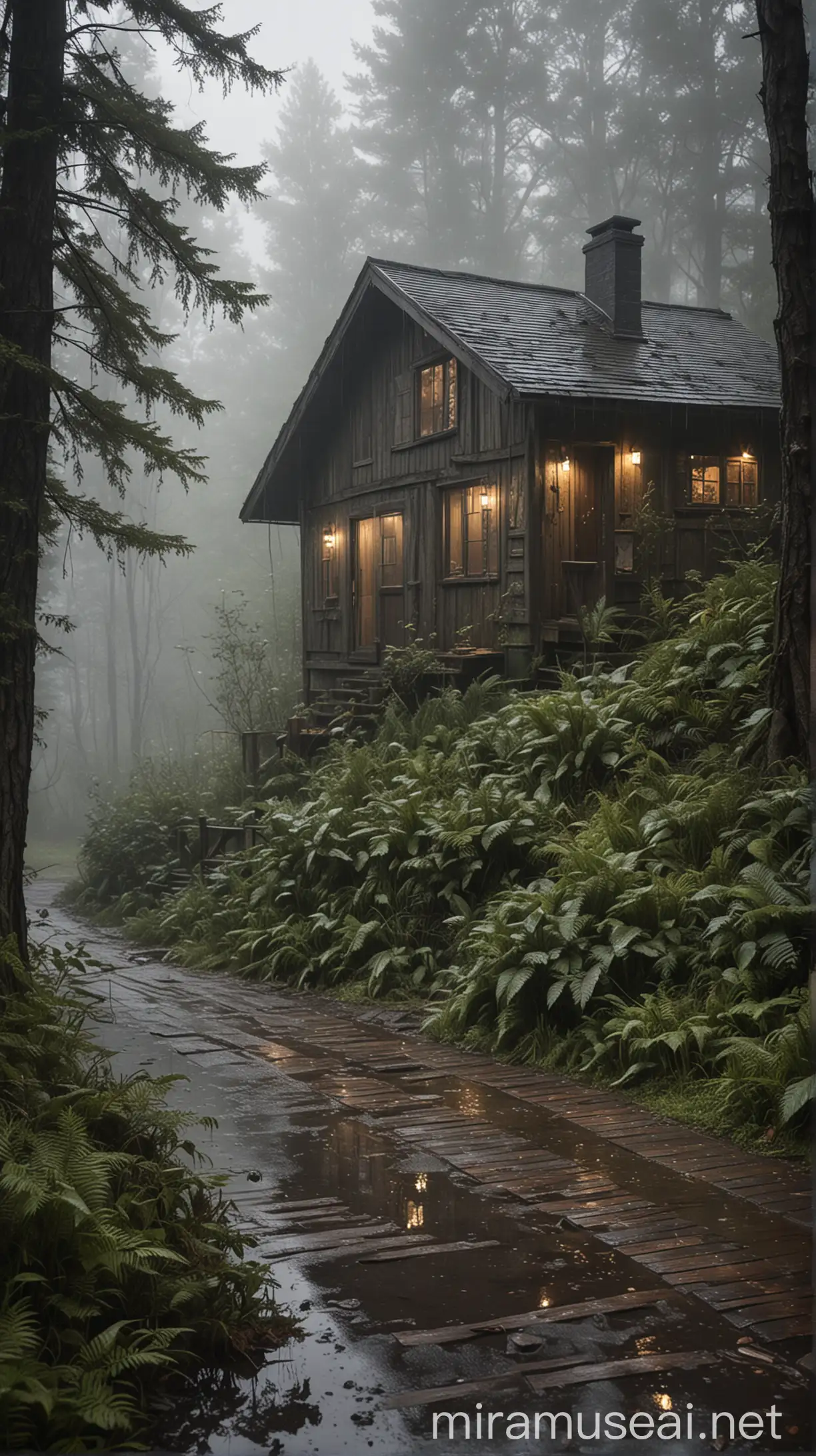 Cozy Wooden Cabin in Misty Forest After Rain