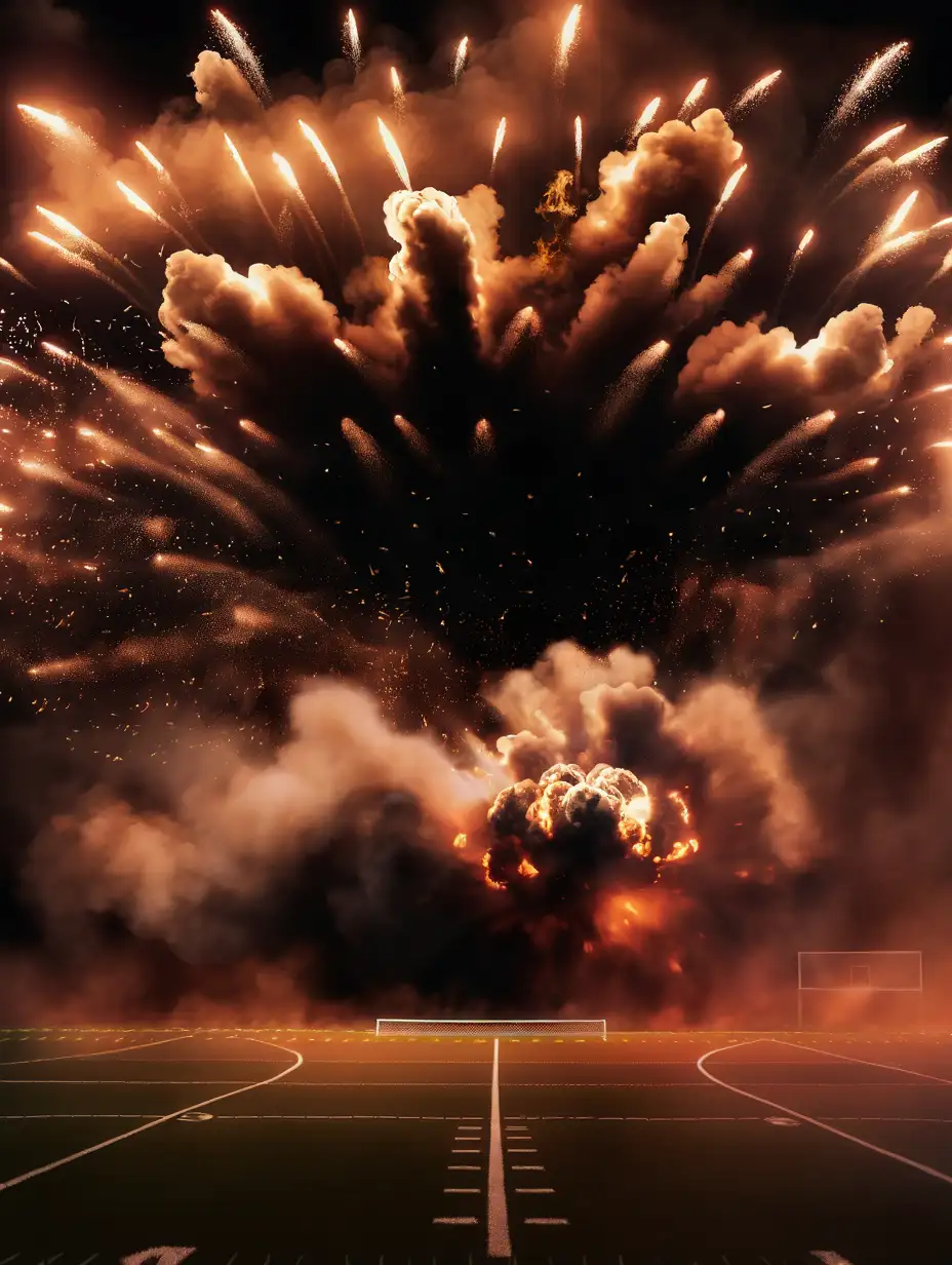 Digital American Football Field with Exploding Smoke and Fire