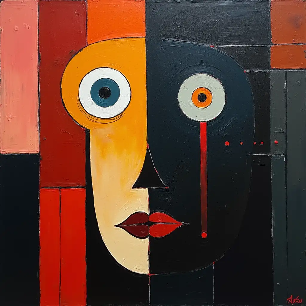 user_prompt: A picture in a checkered pattern, stripe, primitive schematically, minimalism, avant-garde, face, huge looming eye, darkness in the style of Kandinsky, Malevich, minimalism, simplify for a beginner painter with acrylic many colors, constructivism abstractionism, gloomy
