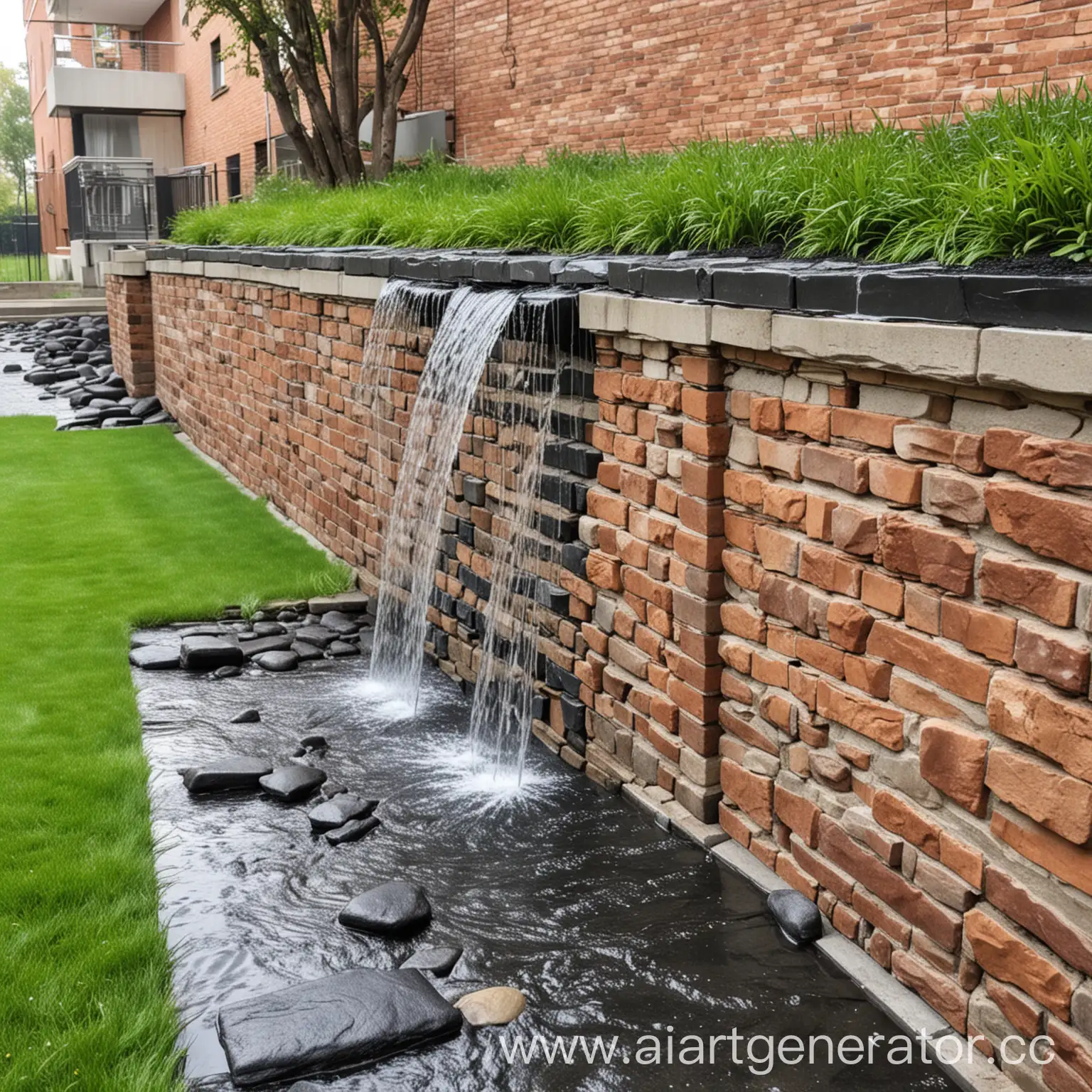 In front of a multi-storey residential building, water flows out of a small and low brick wall, falls and spreads over a flat long black stone located on the lawn, a large black and flat stone, a green lawn