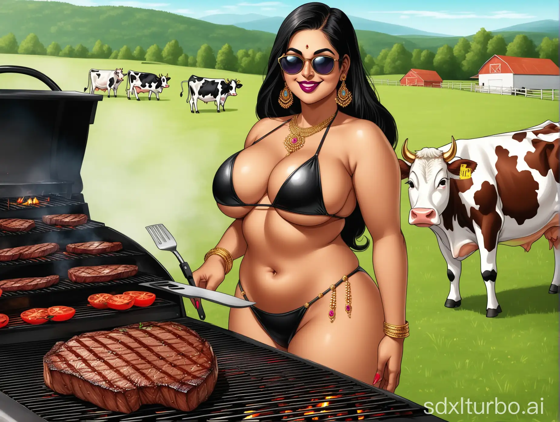 Indian-Woman-Cooking-Steak-on-Farm-with-Grazing-Cow