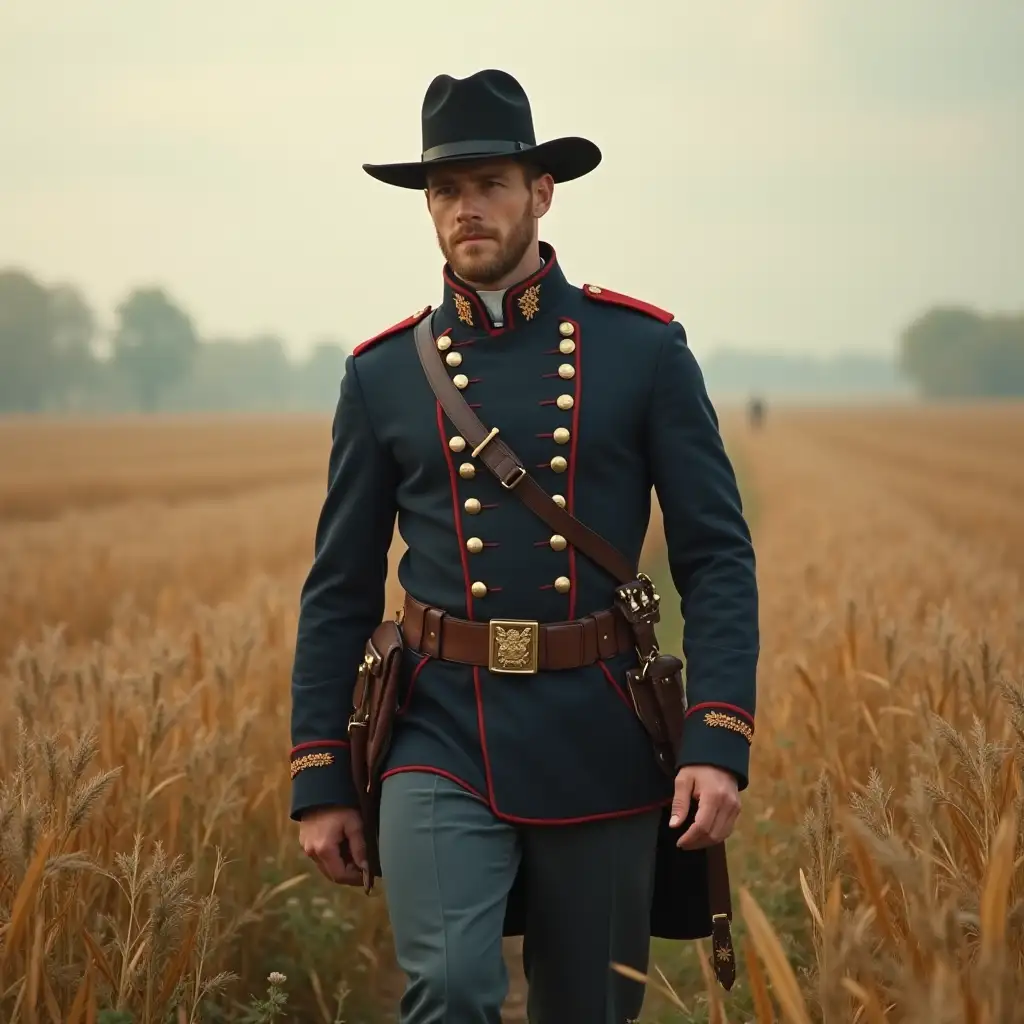 Handsome Man in American Civil War Uniform Walking Through Field