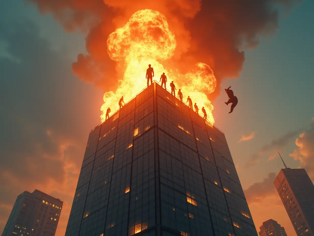 a skyscraper depicted, engulfed in flames. People in cyber-suits and equipment stand on top. One of them is preparing to jump from the top, symbolizing cleansing and transformation. The map symbolizes the necessity to go through cardinal changes, even if they're related to cyber technologies.