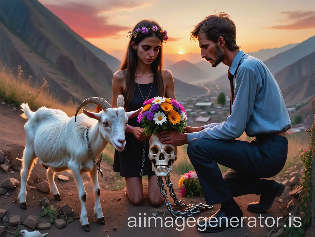 Skinny-Goat-on-Mountain-with-Broken-Chains-and-Human-Skull-at-Sunset-Polluted-Village-Below