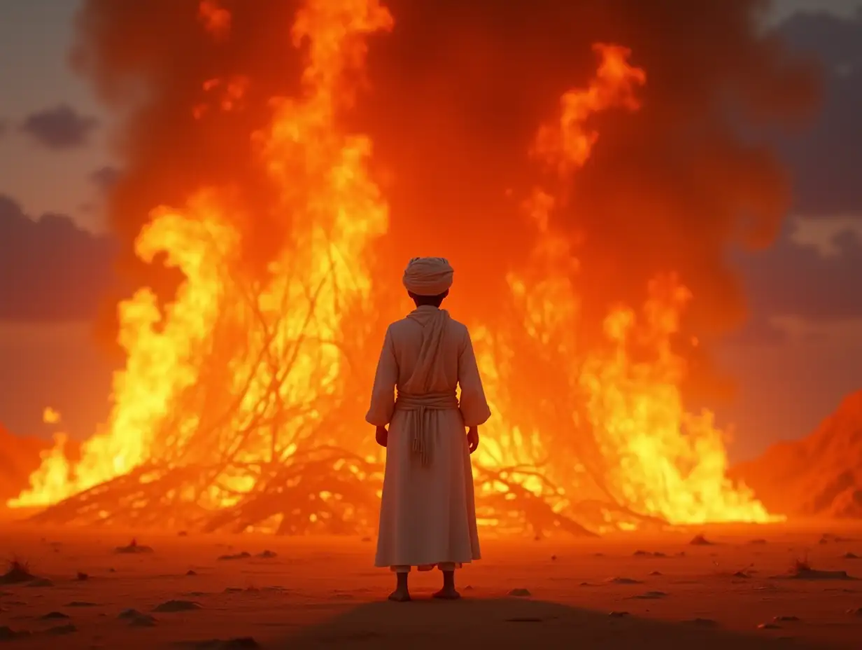 Ibrahim-Standing-Calmly-in-the-Center-of-a-Colossal-Bonfire-at-Dusk