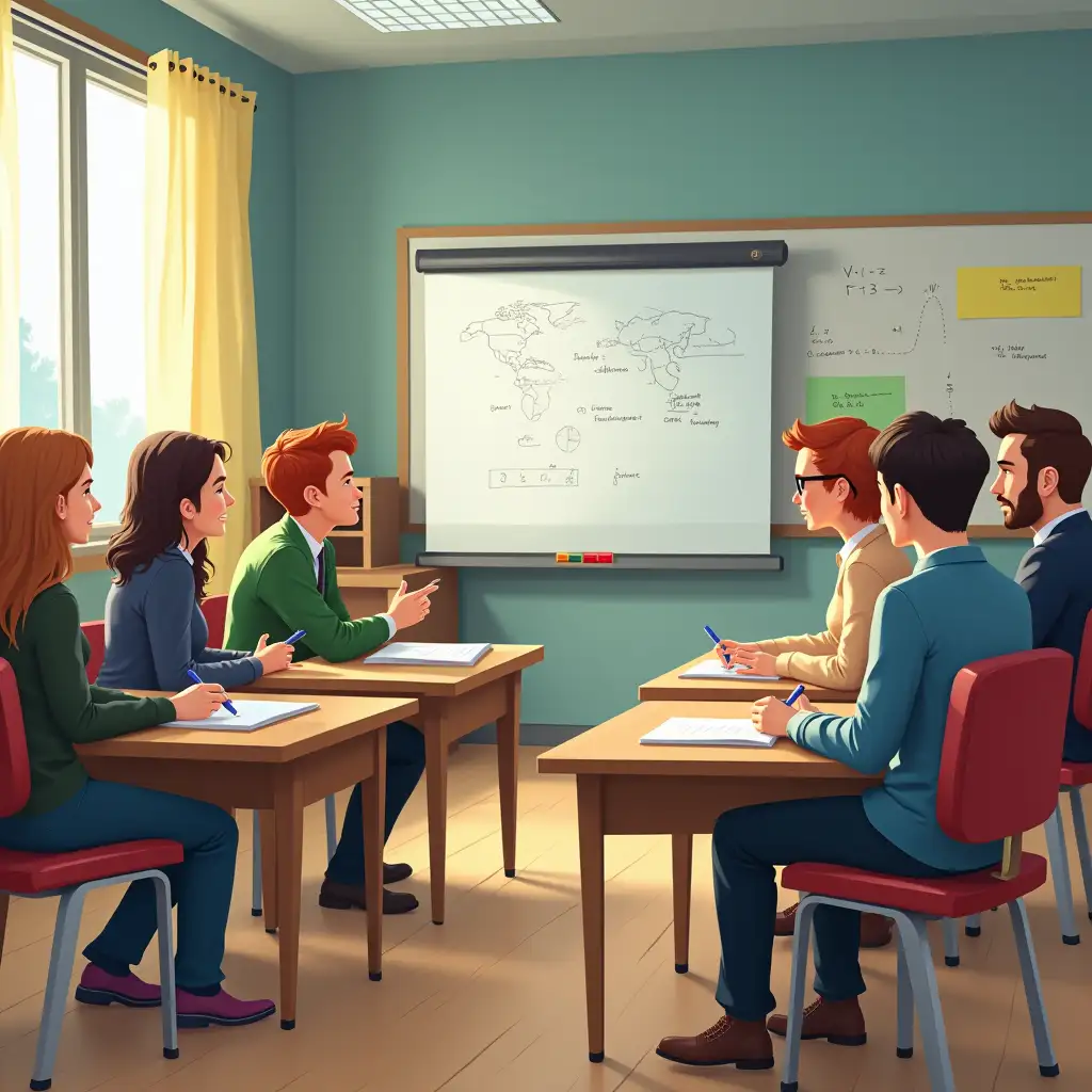 user_prompt: Picture for an article. Meeting of the Ministry of natural-mathematical cycle teachers, instead of people sitting teacher characters