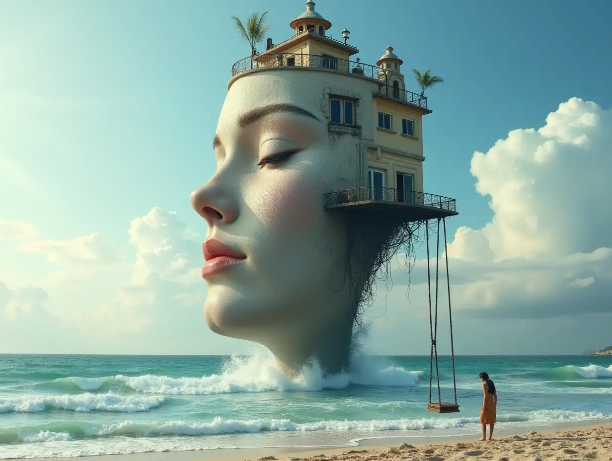 Face transformed into a tall building with terrace, lantern and hanging swing on the beach with large waves and clouds