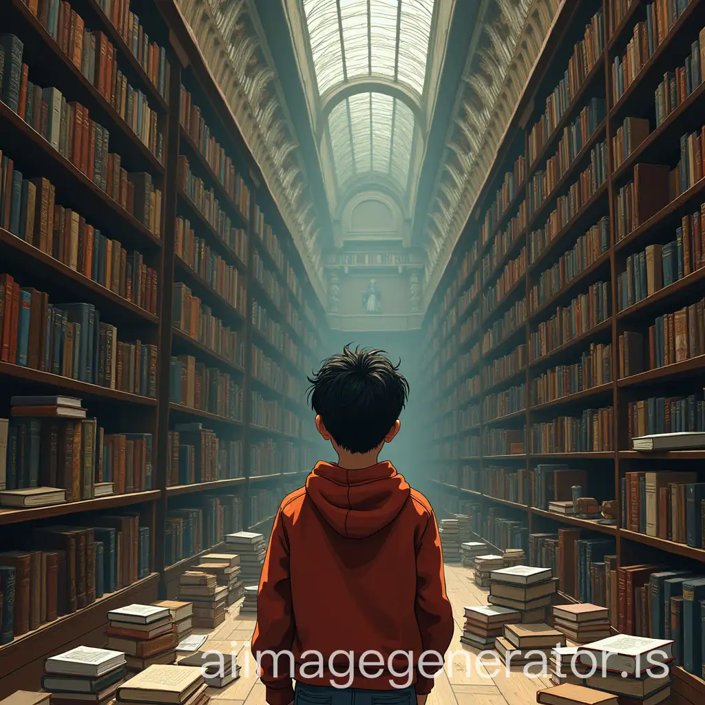 Adolescent-in-Library-Surrounded-by-Philosophical-and-Literary-French-Words