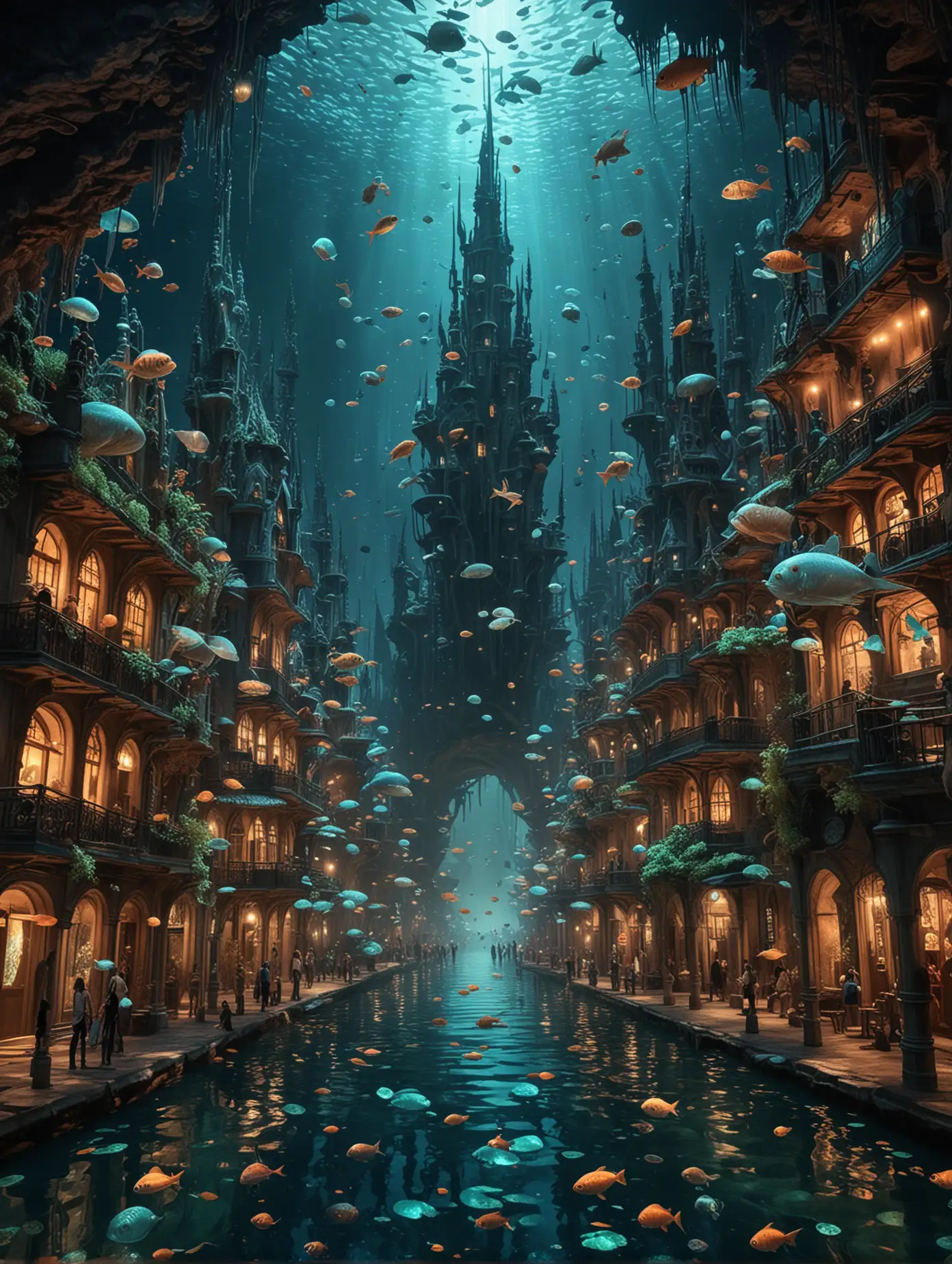 Underwater-City-Inside-a-Massive-Coral-Reef-with-Bioluminescent-Towers