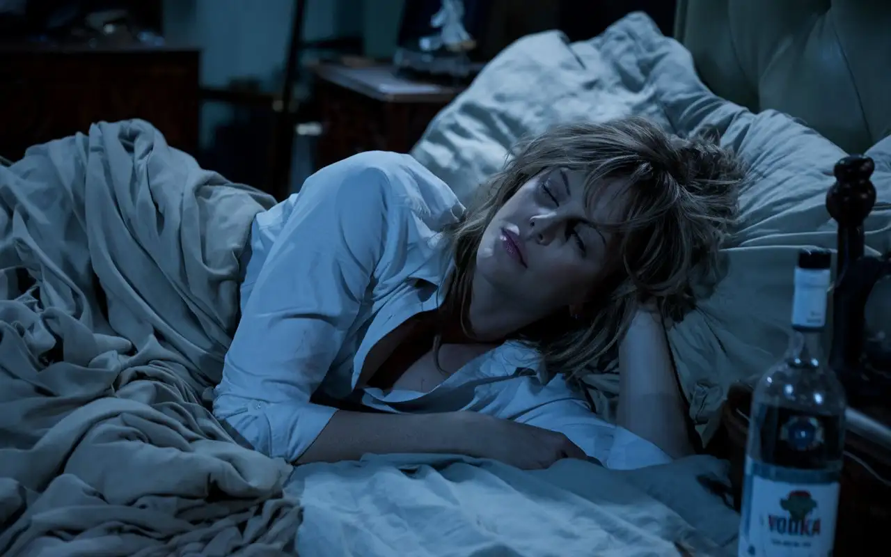 Tangled-Charlize-Theron-with-Hangover-Holding-Vodka-Bottle-in-Messy-Bedroom