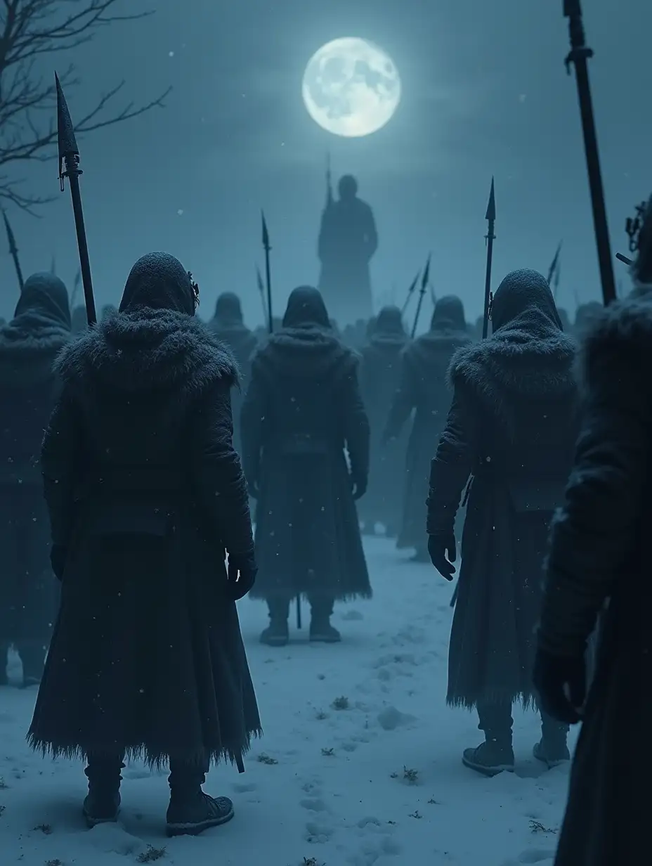 Show the men of the Night's Watch mysteriously disappearing while on patrol, as if something in the darkness had claimed them. Represents fear and uncertainty in the middle of snow and shadows.