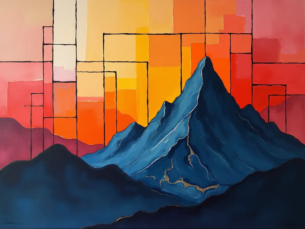 user_prompt: Painting of a grid mountain in the style of Kandinsky, Malevich, minimalism, simplified for beginner acrylic painter with many colors, constructivism abstractionism, darkened