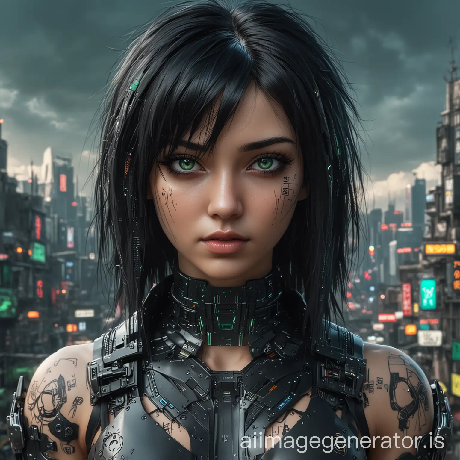 PORTRAIT BODY CYBERPUNK GIRL BLACK HAIR BACKGROUND CITY AND GREEN EYES