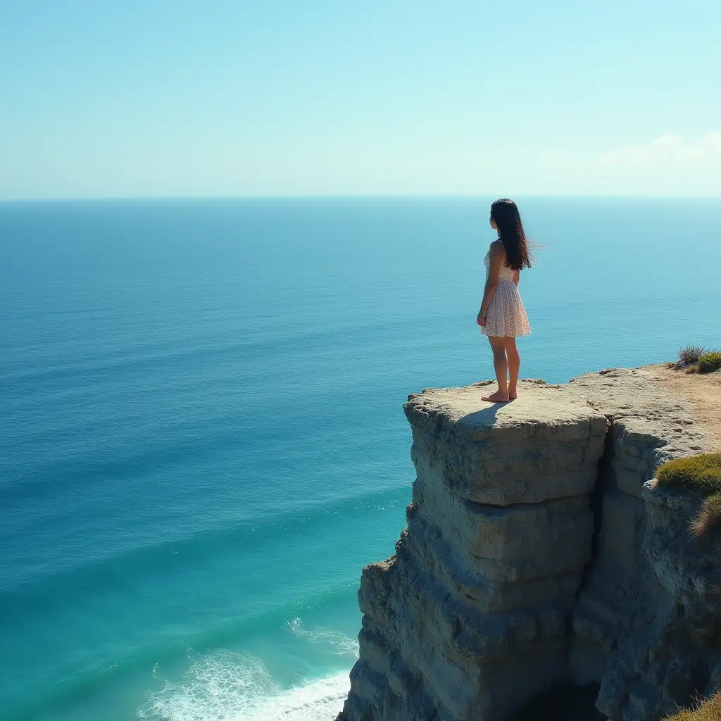 a girl is standing on the edge of a cliff, looking at the endless expanse of the ocean