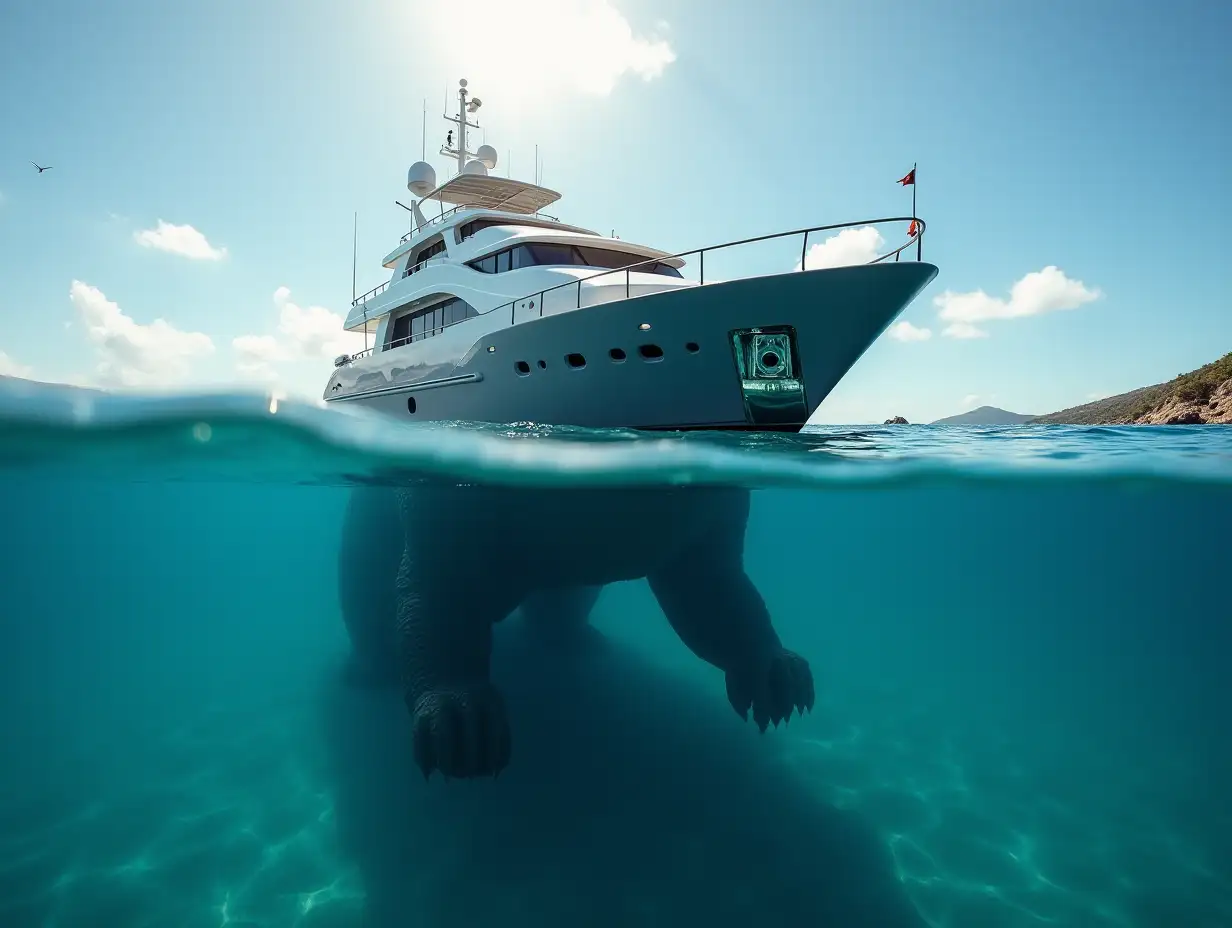 yacht with Godzilla's legs walking on the bottom, view from the bottom