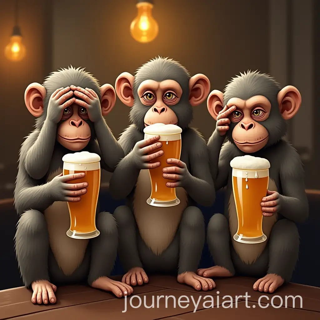 Three-Mischievous-Monkeys-with-Beer-Glasses-in-a-Pub-Setting