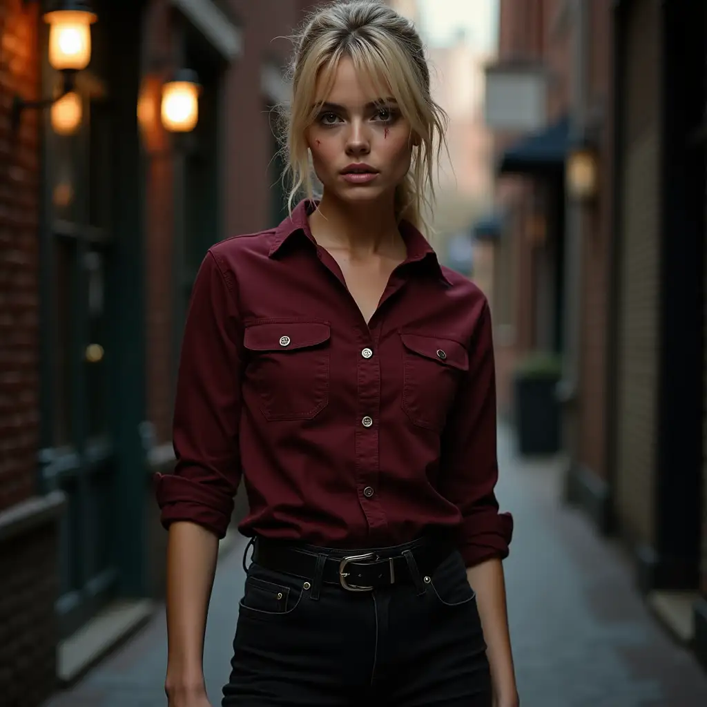 Half Length Photo of Teagan Croft wearing a fitted, darker blood-red button up shirt with the sleeves rolled up to her elbows, a slim fitted black jeans but flexible, allowing for agility during fights. The slight distressing on the fabric adds to her rugged, rebellious vibe and steel-toed black combat boots. (in her accurate darker blonde hair slightly tousled, tied back into a messy ponytail, leaving stray strands framing her face for a disheveled, intimidating look and makeup effects—darker eyeshadow, smudged eyeliner, and faint bruising under her eyes, accurate actress Teagan Croft 20 year old body type, accurate bust size, accurate weight and accurate height). In a alley outside of a bar, reminiscing of Supernatural TV Show scenery (Her clothes being a clear nod to Demon Dean Winchester clothes from Supernatural Season 10). Daytime Setting. (4K Resolution Photo and HDR)