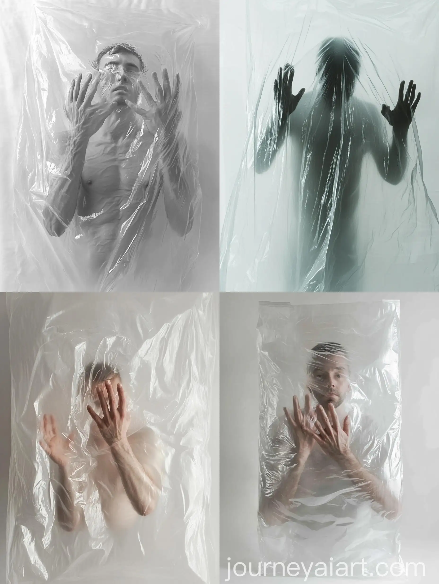 Surreal-Man-Trapped-in-Transparent-Compression-Plastic-Bag