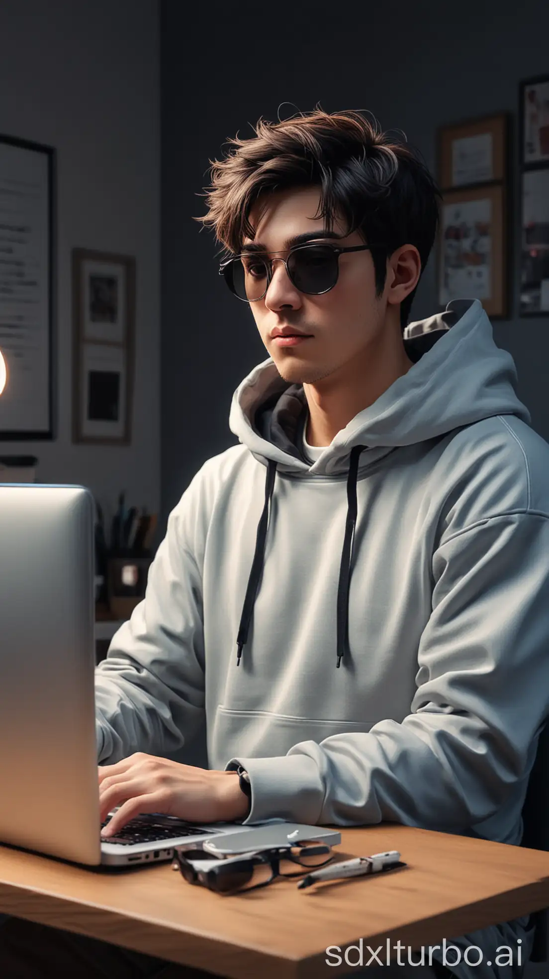 AnimeInspired-Businessman-in-Hoodie-and-Sunglasses-Working-Late-in-Minimalistic-Studio