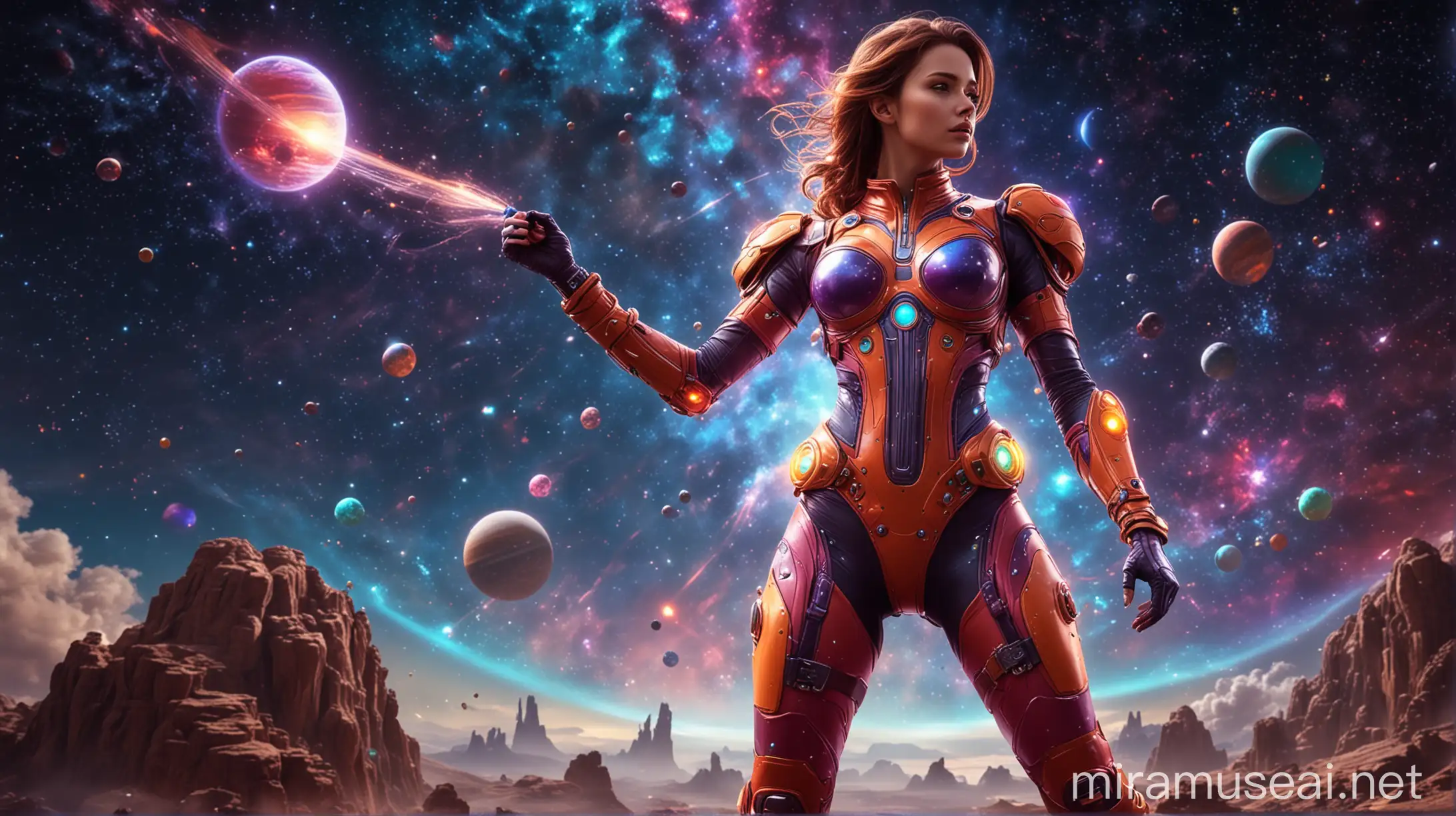 Futuristic Fitness Model in Colorful Spacesuit Under Vibrant Night Sky