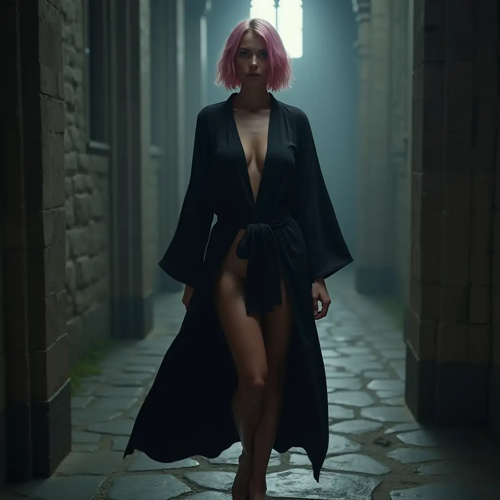 Barefoot-Woman-in-Black-Bathrobe-Standing-in-Ominous-Castle