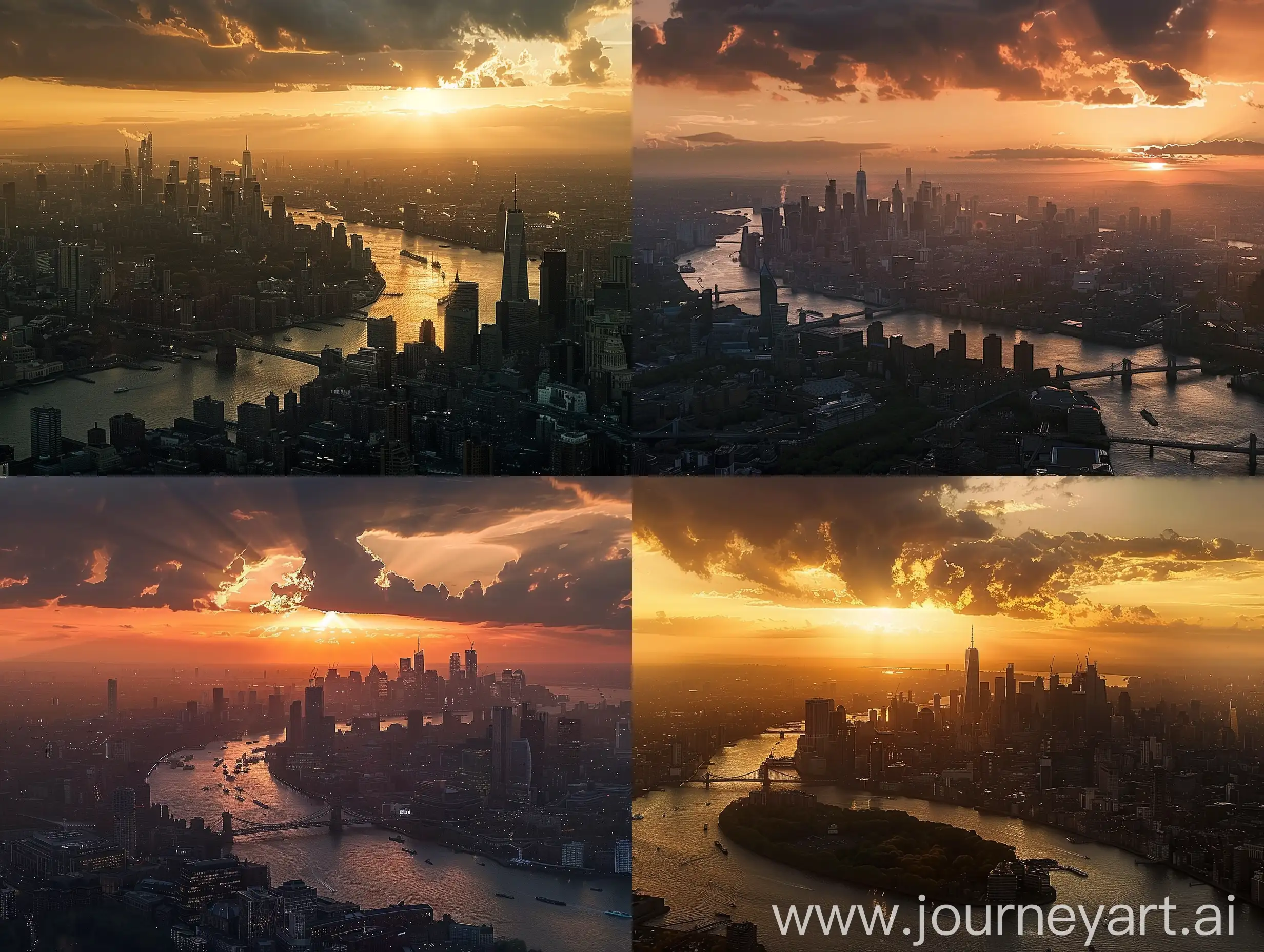 Gotham-City-Sunset-with-River-Aerial-View