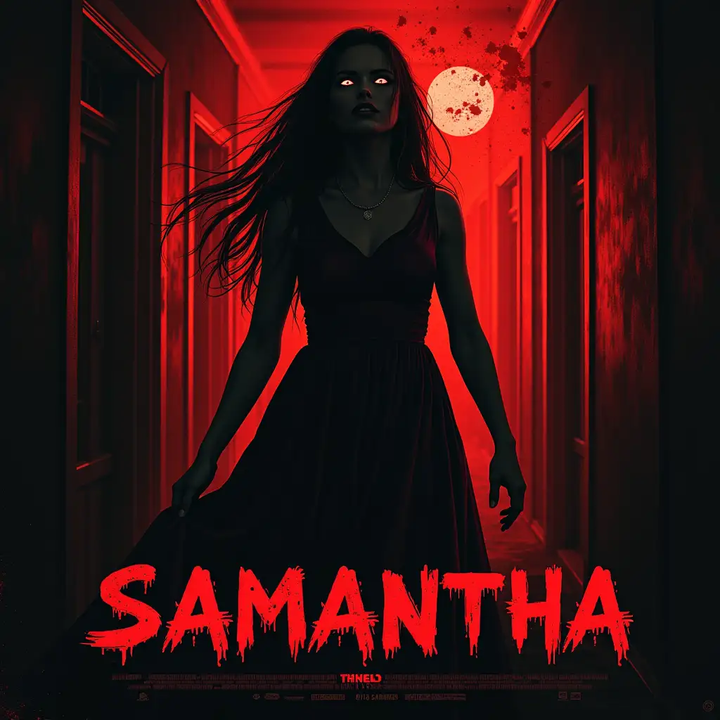 Reproduce a poster of Samantha horror movie with comic tones, black comedy