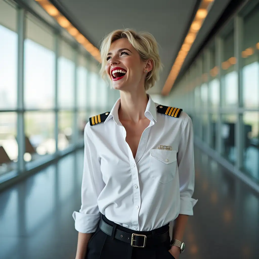 white norweigan pilot lady, in white deep-necked pilot shirt, laughing with her mouth open, red lipstick accentuating her smile,belt on waist, big wide hips, chest are fully grown, jewelry, short hair, HD, enjoying at airport , photo-realism