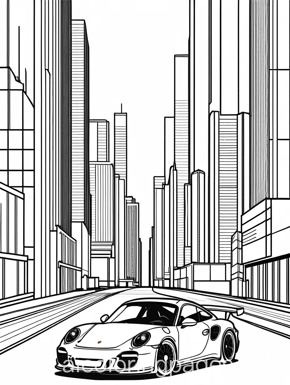 Porsche-Coloring-Page-for-Kids-Featuring-a-Modern-Cityscape