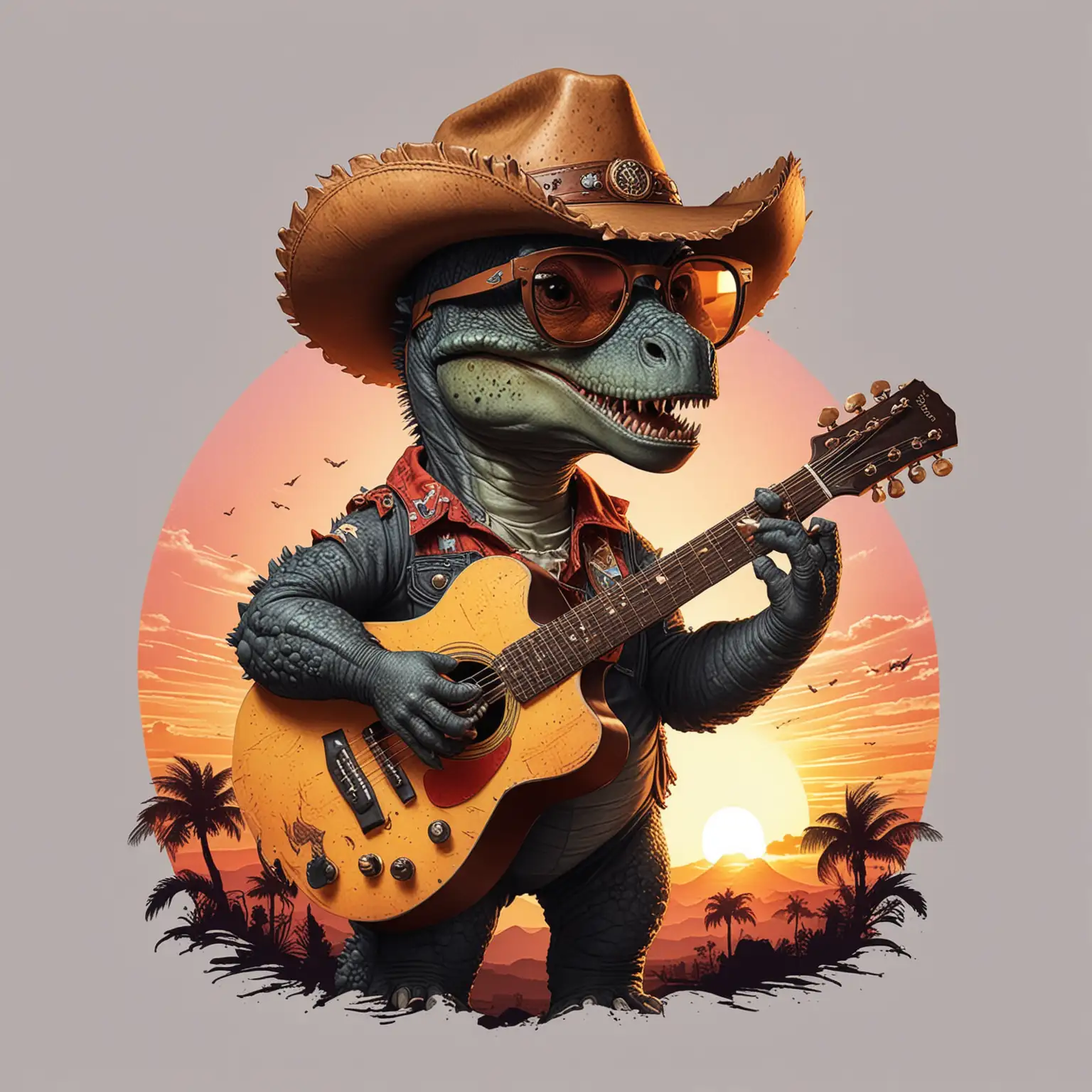 Dinosaur cute in black cowboy-style glasses holds a vintage sunset guitar in her hands in the style pop art white background for print on T-shirt