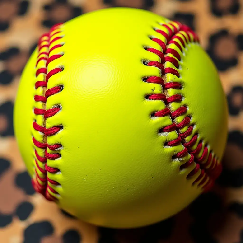 A close-up of a softball with bright yellow leather and bold red stitches, seamlessly blending into a leopard print pattern. The design has a realistic texture, with detailed stitching and fur-like spots, creating a unique and stylish sports-themed aesthetic.