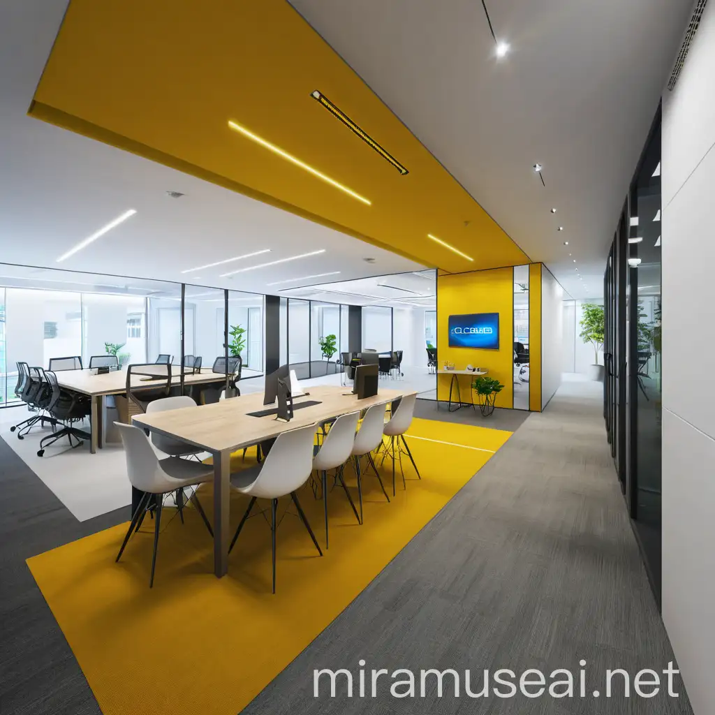 Modern Office Design with HighTech Computer Screens and Glass Meeting Rooms