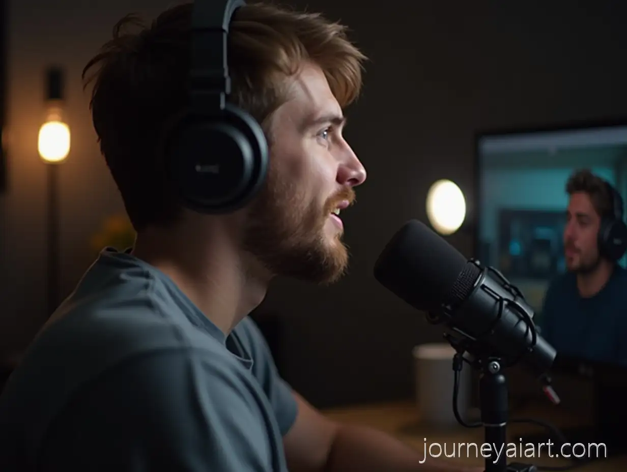 Young-Male-Podcaster-Reacting-to-Funny-Moment-in-Modern-Podcast-Studio