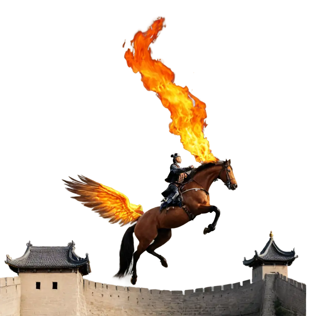 Horse with wings fly over the chinese wall and spiting flame on people