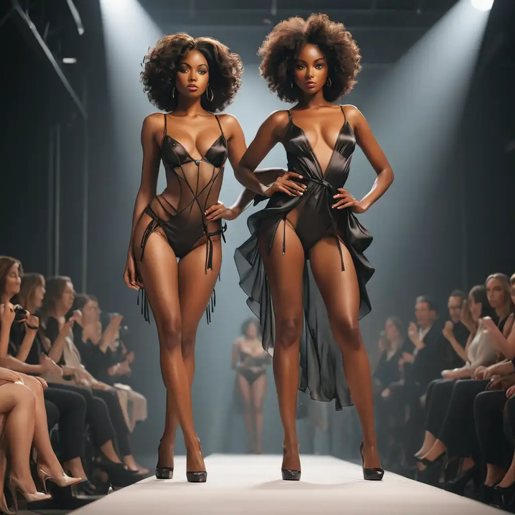 Black Woman in Silk Lingerie on Catwalk in High Heels