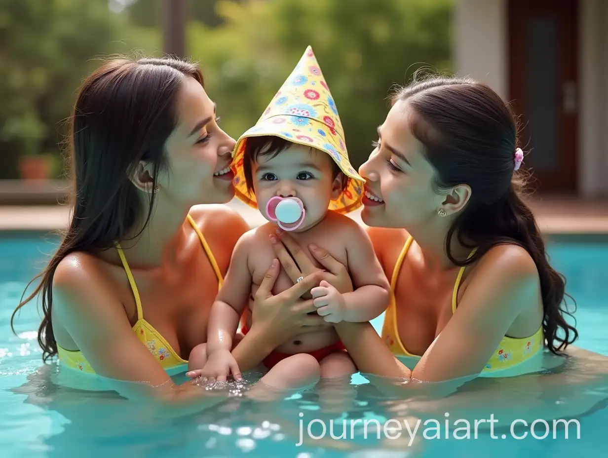 Teenage-Persian-Girls-Hosting-Pool-Party-for-Baby-Boy-with-Bucket-Hat