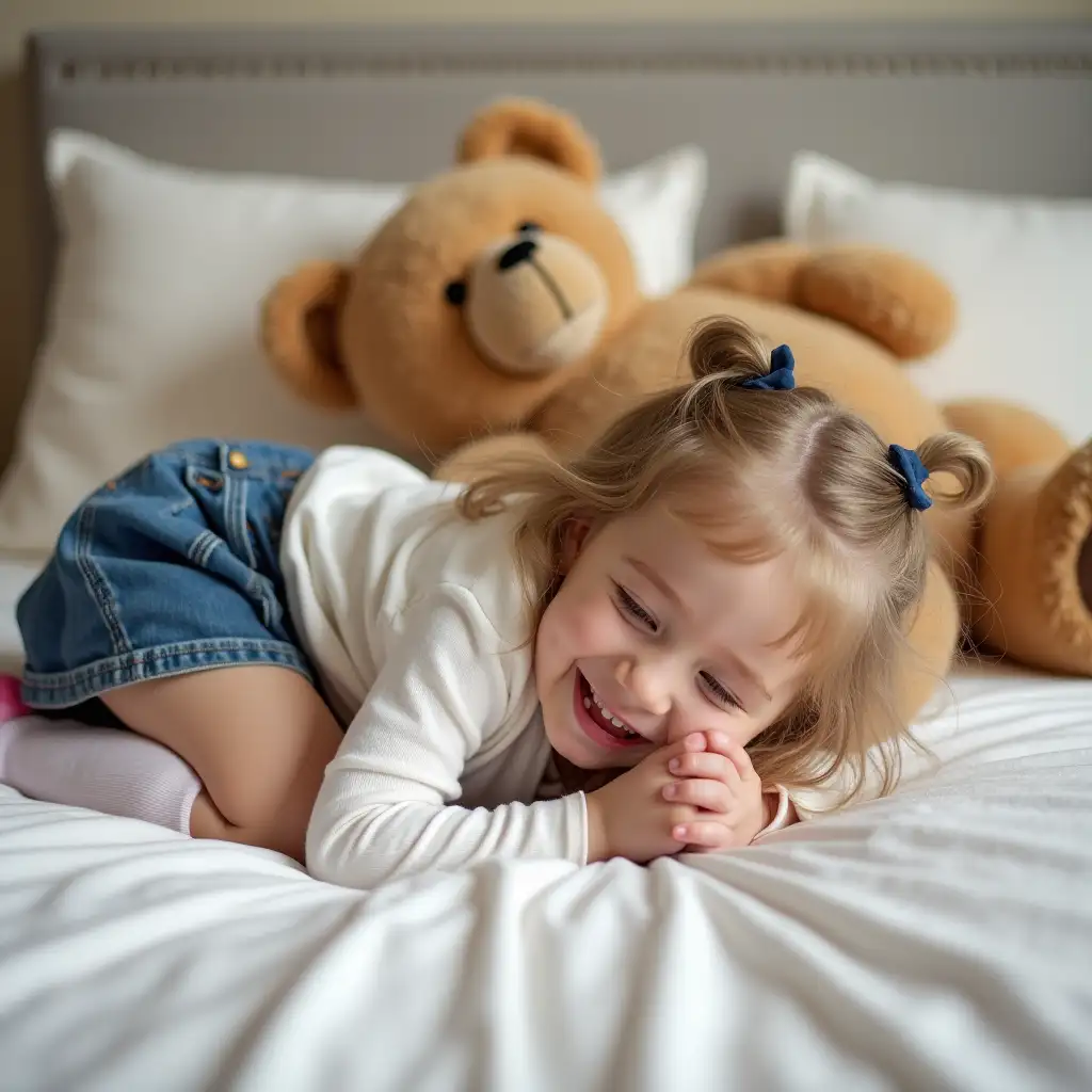 Joyful-Girl-Playing-with-Giant-Teddy-Bears-on-a-Cozy-Bed