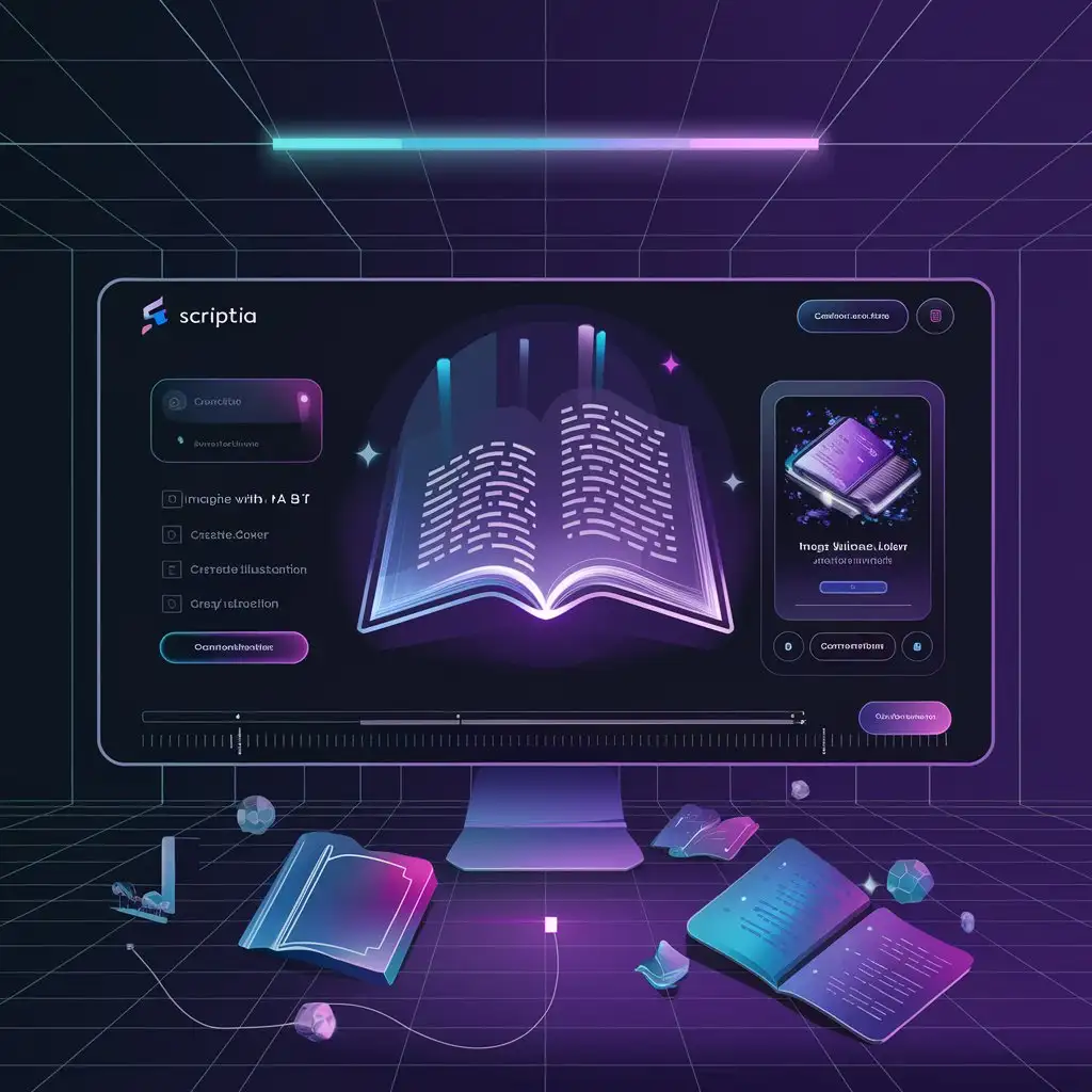 LOGO Design for ScriptIA Futuristic AI Book Creation Software with Neon Colors and HighTech UI Theme