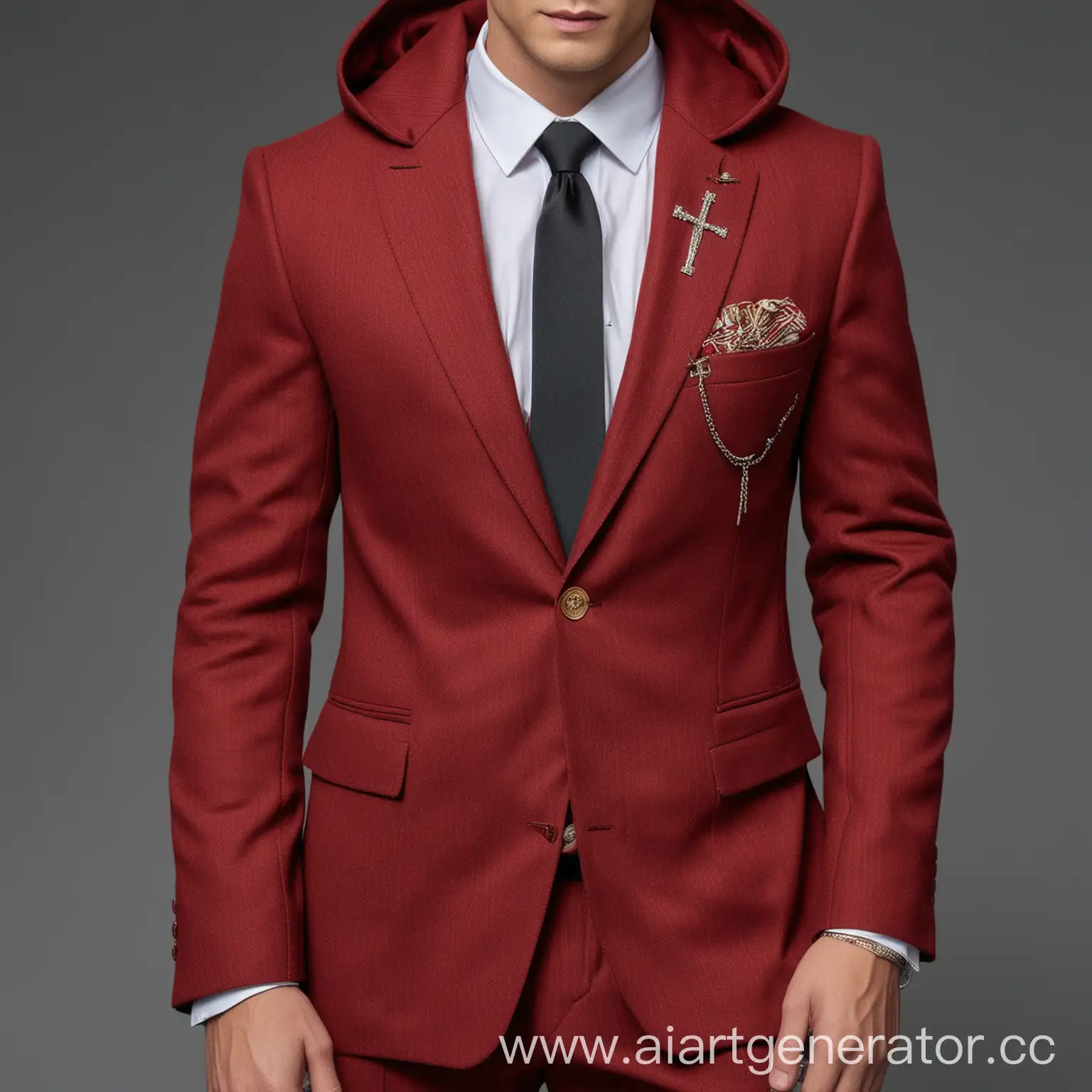 Athletic-Man-in-Crimson-Suit-Jacket-with-Golden-Cross-and-Hood