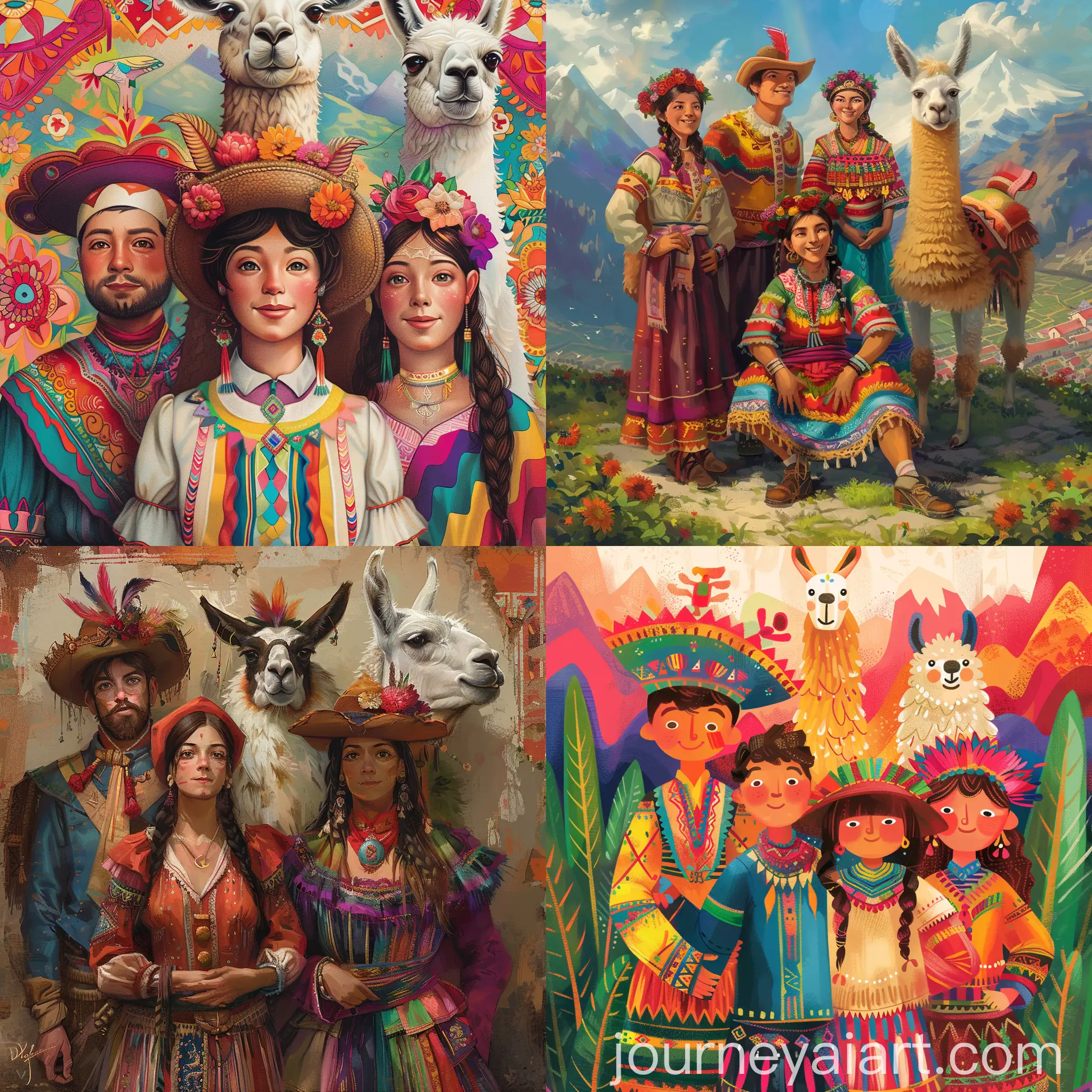 Dreamy-Dixit-Card-Illustration-Dutch-People-in-Ancient-Peruvian-Clothing-with-Lama