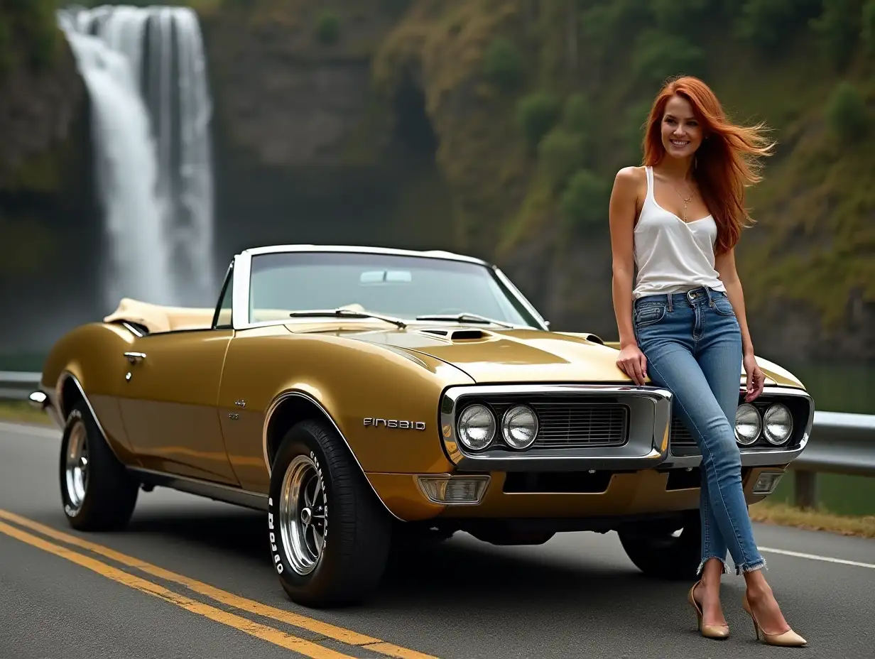 ( gold 1968 pontiac firebird) front  side view[16k] (full picture),parked on road,waterfall background(ultra -detailed) 29 year old short  woman,flowing auburn hair,smiling,high heels,jeans, leaning on roof of car  by water