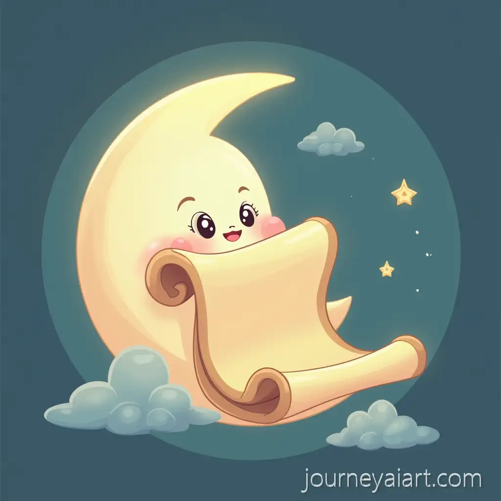 Cozy-Cartoon-Moon-Holding-Glowing-Ancient-Scroll-in-Dreamy-Pastel-Scene